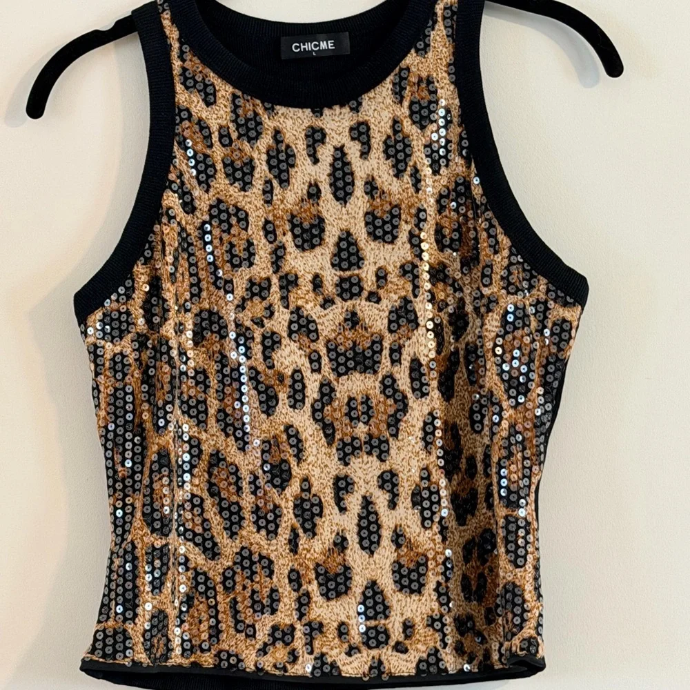 Sequin Leopard Print Racerback Tank Top in Gold and Black Size L - Picture 3 of 8